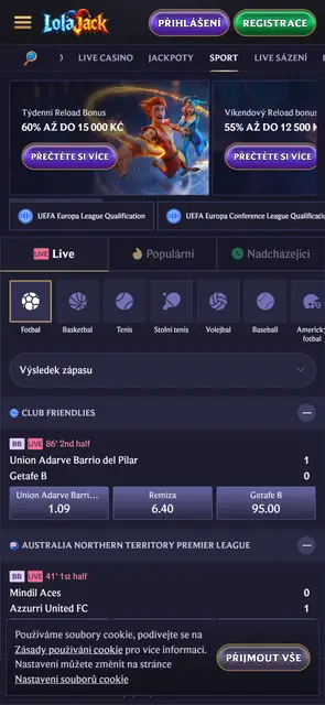 Živé sázení na sport s českým rozhraním na webu Lolajack