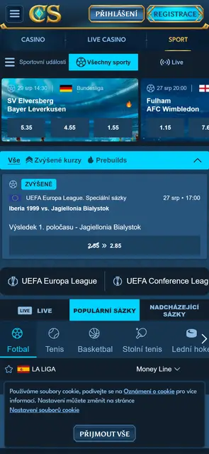 Sportovní sázení pod stejným účtem v mobilní verzi Casea
