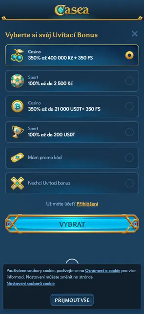 Výběr uvítacího bonusu v češtině v mobilní verzi Casea